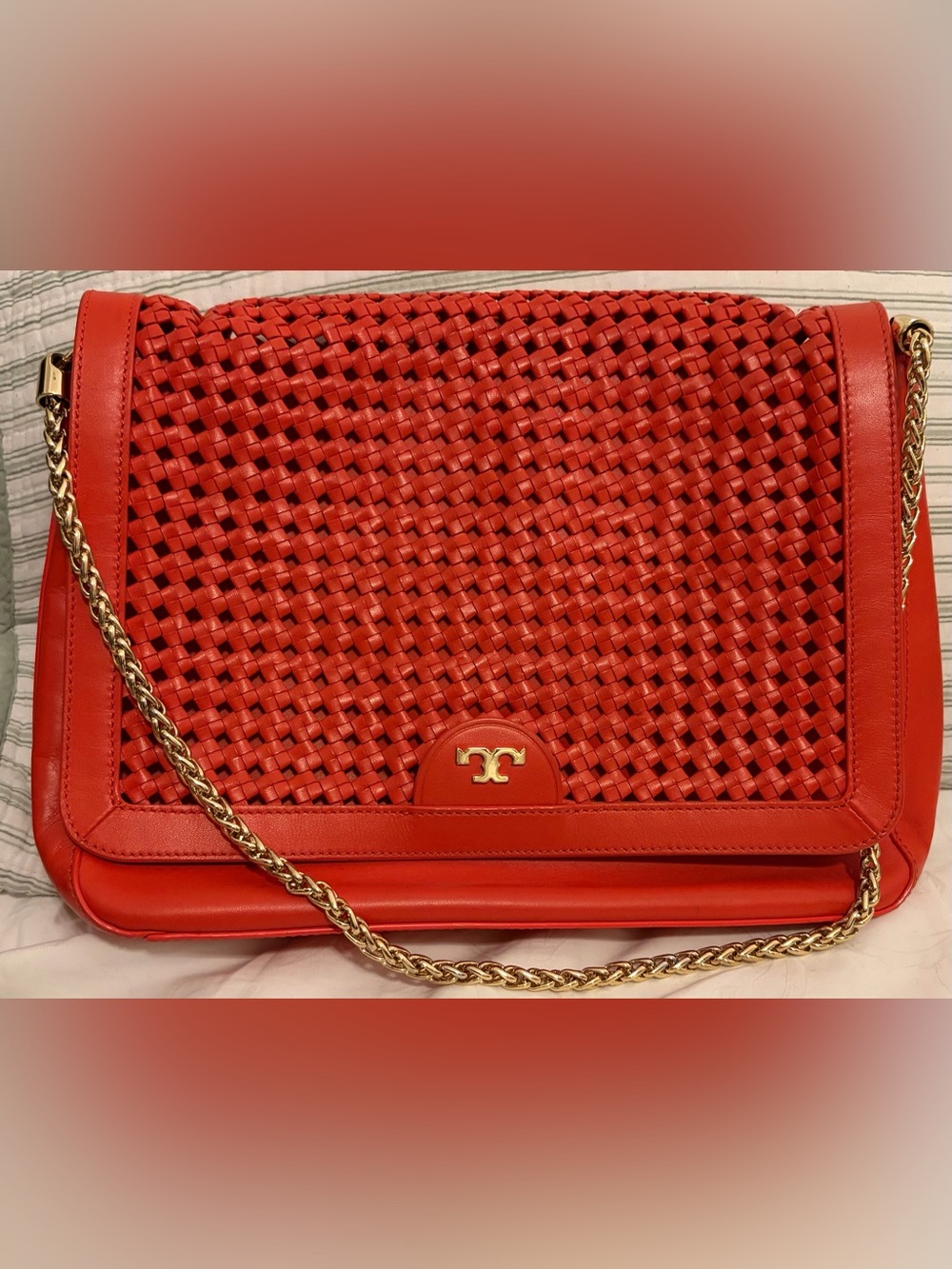 Vintage Tory Burch Woven Red Leather Crossbody with Gold Chain